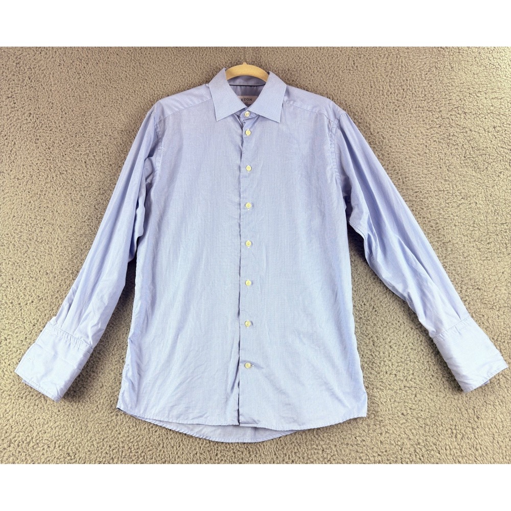 Eton Dress Shirt Mens 16 41 Blue Micro Houndstooth Slim Fit Cotton Long Sleeve